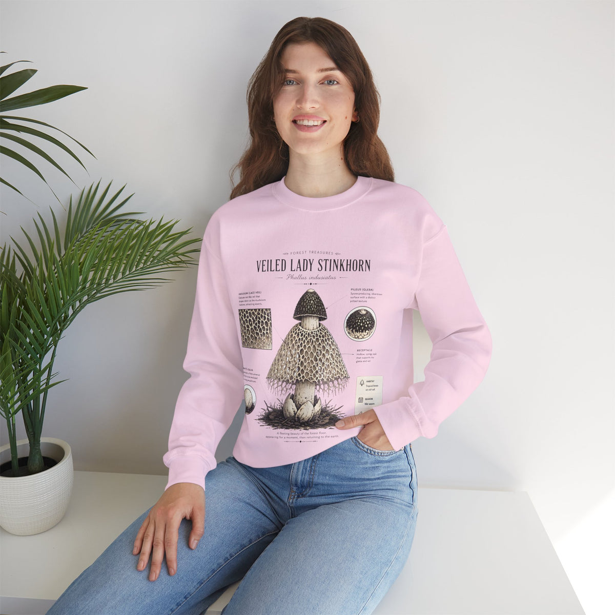 Veiled Lady Stinkhorn Mushroom Crewneck Sweatshirt — Botanical Mycology Graphic