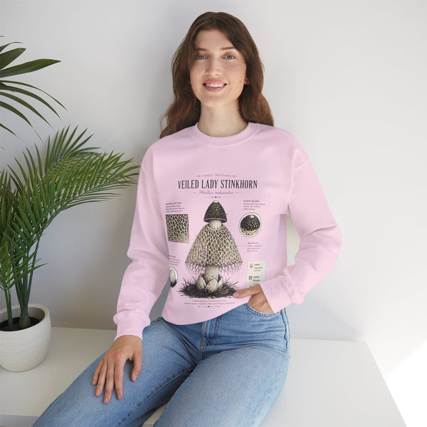 Veiled Lady Stinkhorn Mushroom Crewneck Sweatshirt — Botanical Mycology Graphic