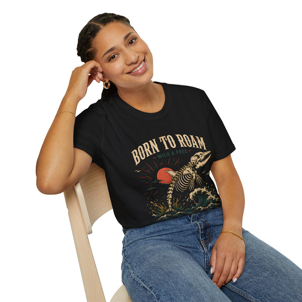 Born to Roam T-Shirt — Vintage Skeleton Dinosaur 'Wild & Free' Graphic Tee