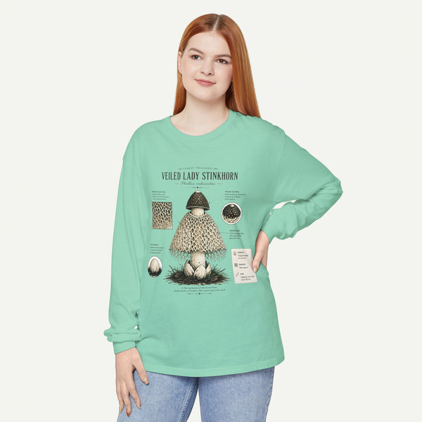 Veiled Lady Stinkhorn Mushroom Long Sleeve Tee — Botanical Fungi Illustration