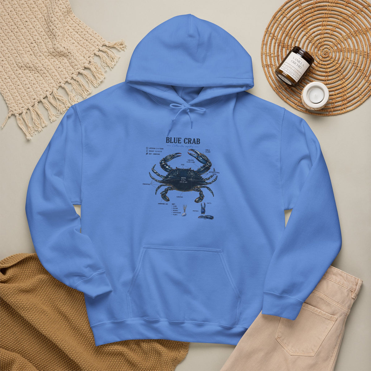 Blue Crab Anatomy Hoodie — Nautical Marine Biology Graphic Sweatshirt