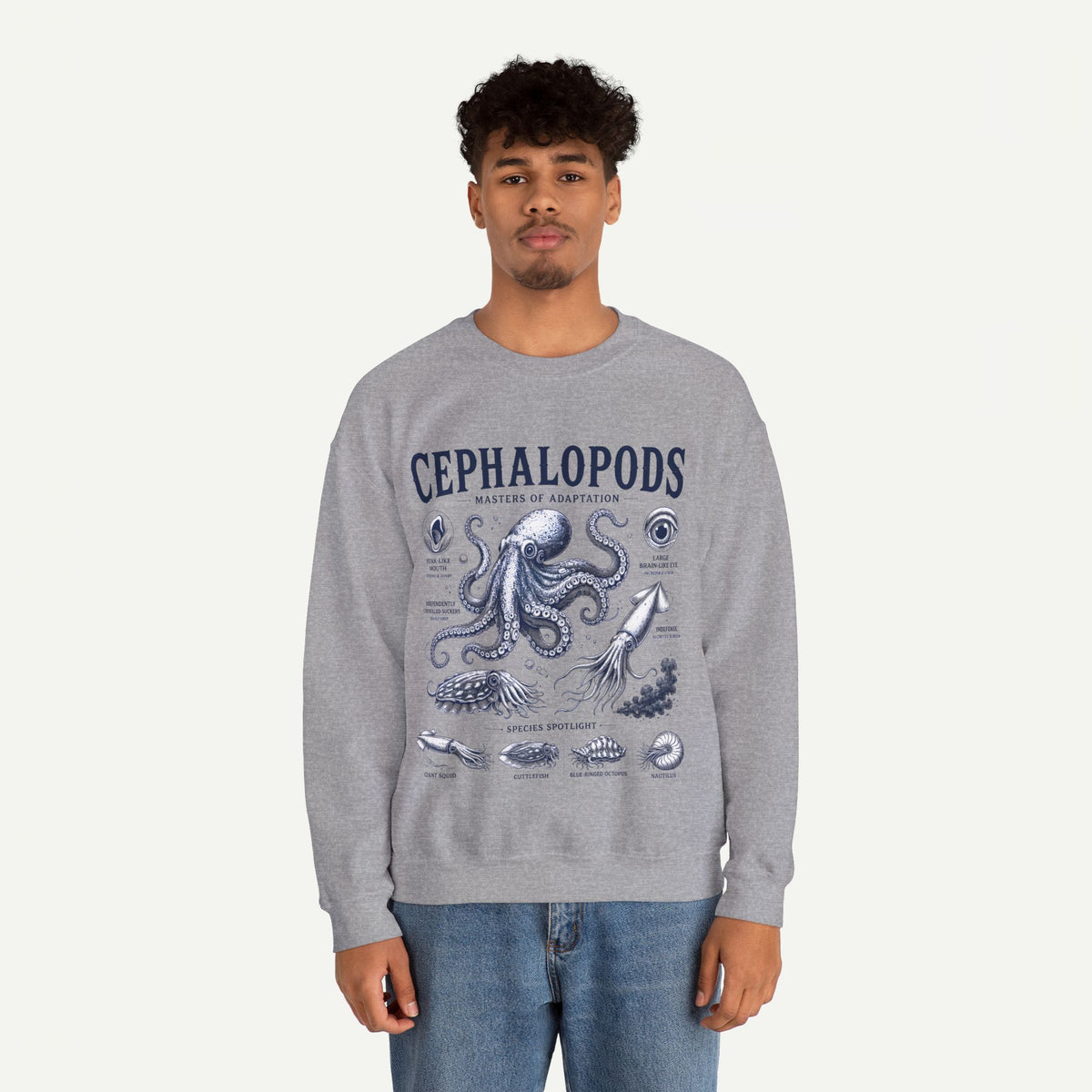 Cephalopods Crewneck Sweatshirt — Vintage Marine Biology Octopus Illustration