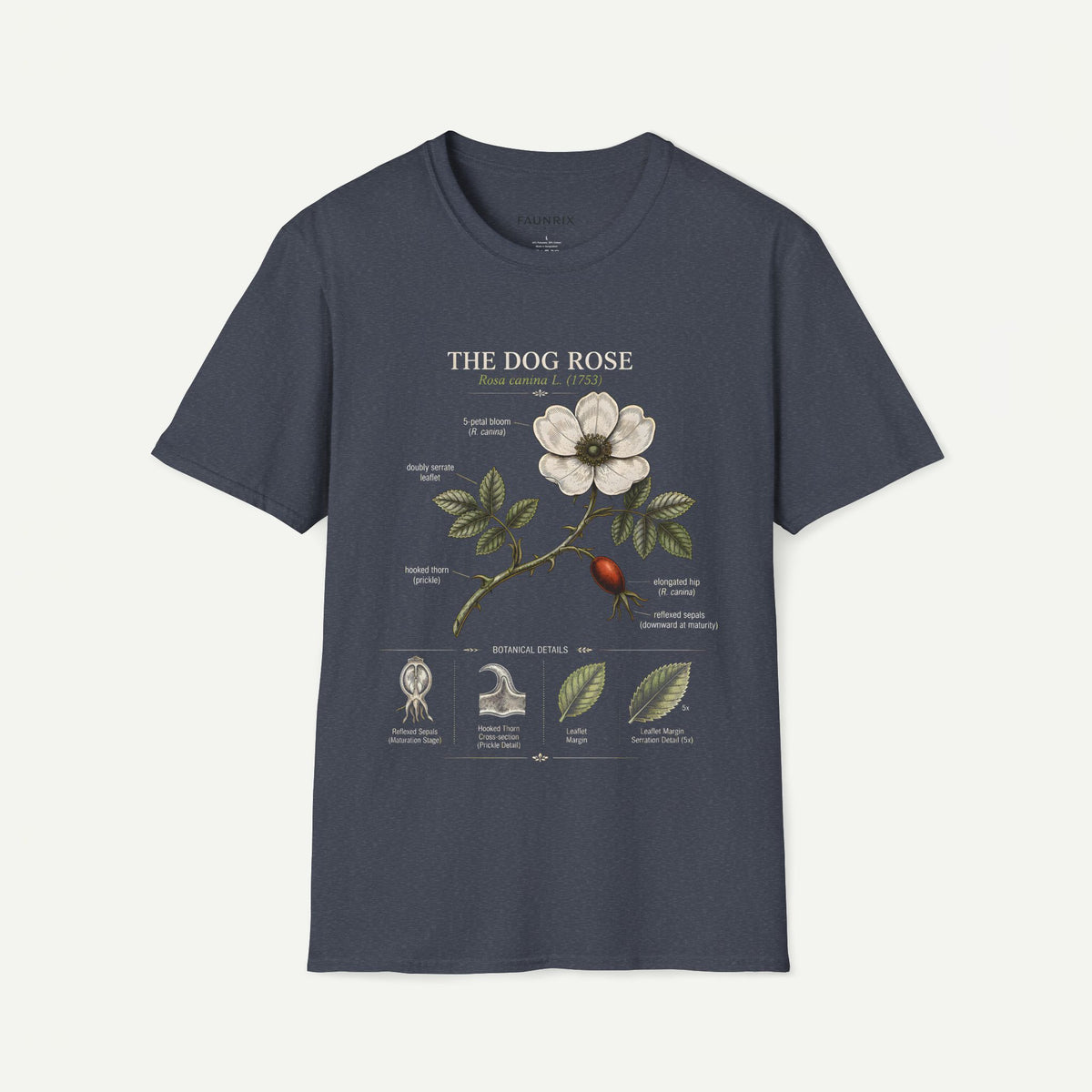 Dog Rose Floral T-Shirt — Botanical Illustration Tee with 'The Dog Rose' Label