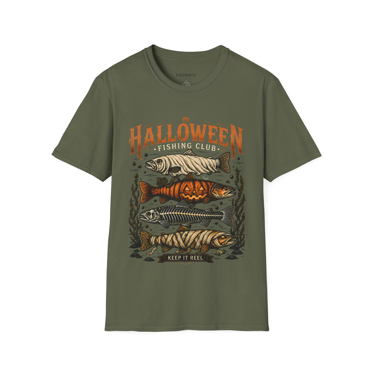 Halloween Trout Graphic T‑Shirt — Spooky Fish Pumpkin Design