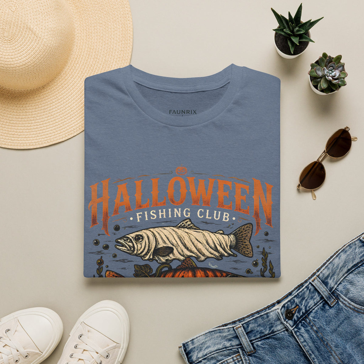Halloween Trout Graphic T‑Shirt — Spooky Fish Pumpkin Design