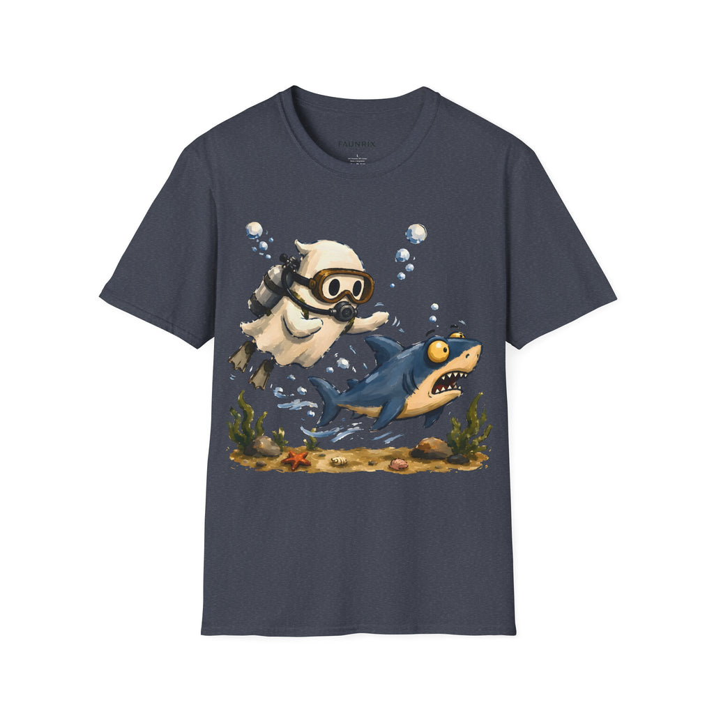 Dive Buddy T‑Shirt — Cute Scuba Pug Chasing Shark Illustration