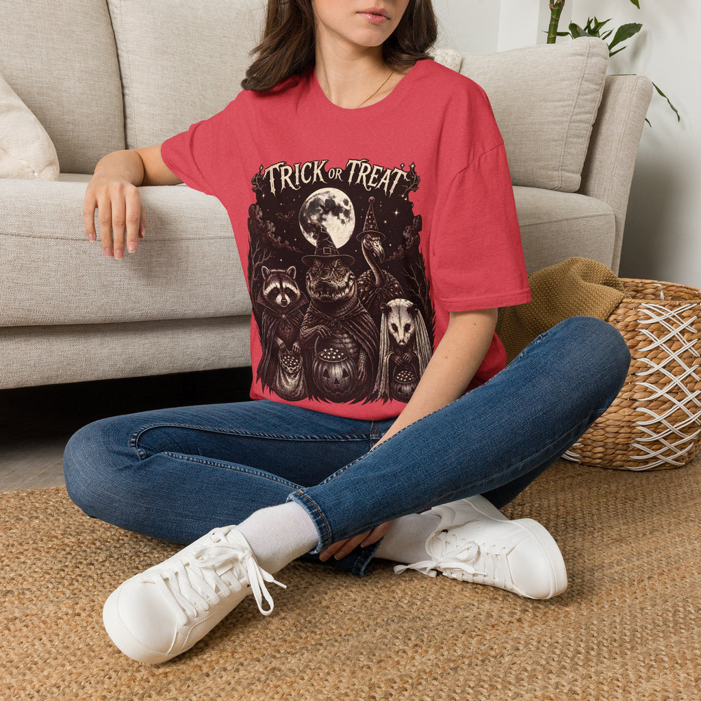 Trick or Treat Halloween T-Shirt — Vintage Moonlit Witch & Spooky Animals Tee