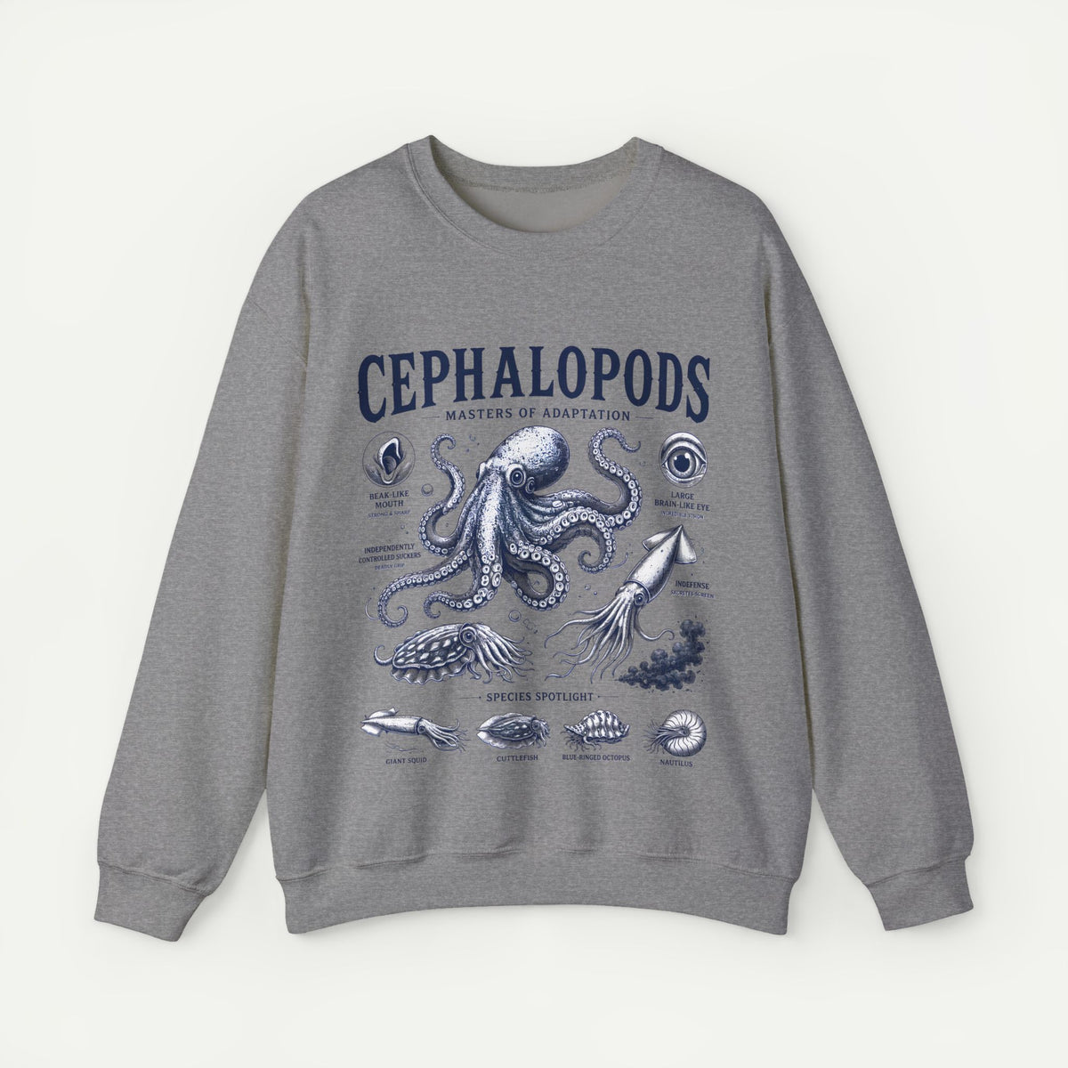 Cephalopods Crewneck Sweatshirt — Vintage Marine Biology Octopus Illustration