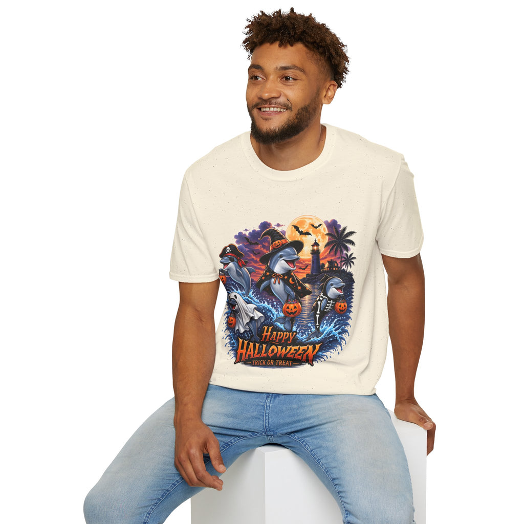 Halloween Dolphin T-Shirt — Cute Spooky Beach Scene with 'Happy Halloween'