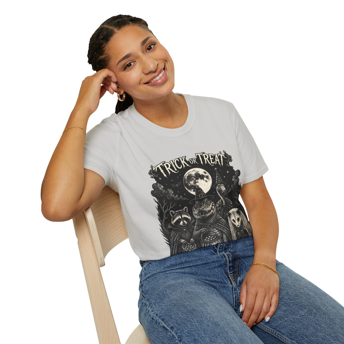 Halloween 'Trick or Treat' T-Shirt — Spooky Moon & Creatures Graphic