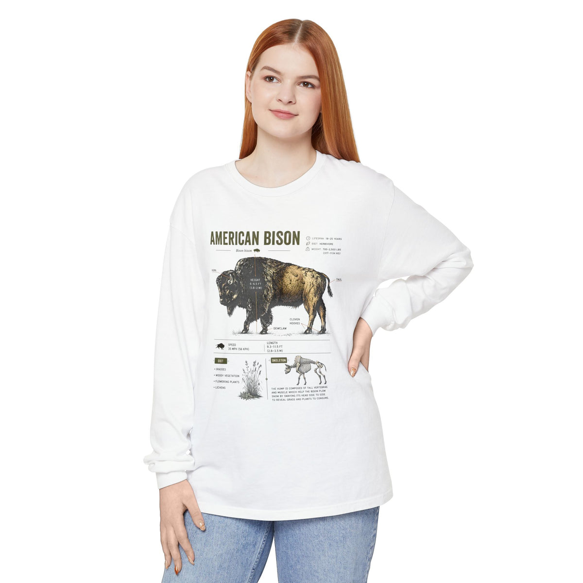 American Bison Anatomy Long Sleeve Tee — Vintage Wildlife Diagram Shirt