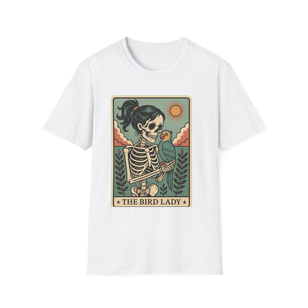 The Bird Lady T-Shirt — Retro Skeleton Woman with Parrot Graphic