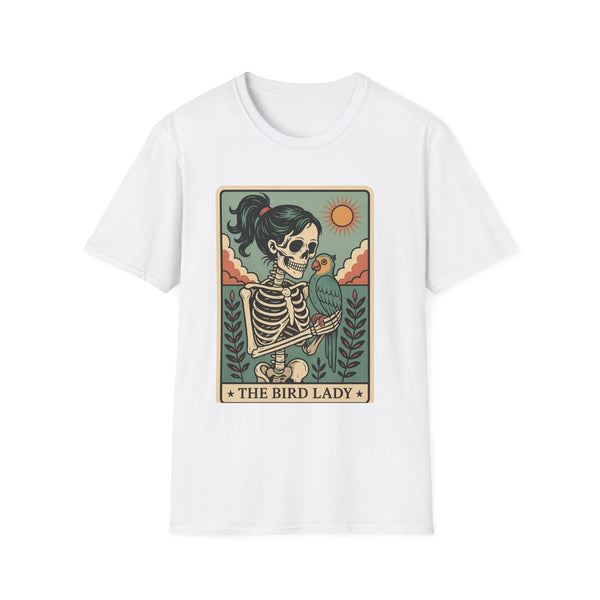 The Bird Lady T-Shirt — Retro Skeleton Woman with Parrot Graphic