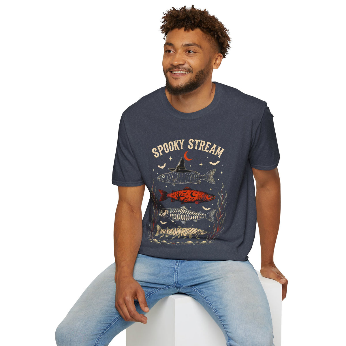Spooky Stream T-Shirt — Halloween Fish Skeleton Graphic Tee