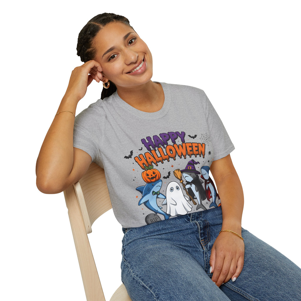 Happy Halloween T-Shirt — Cute Shark, Ghost & Pumpkin Holiday Tee
