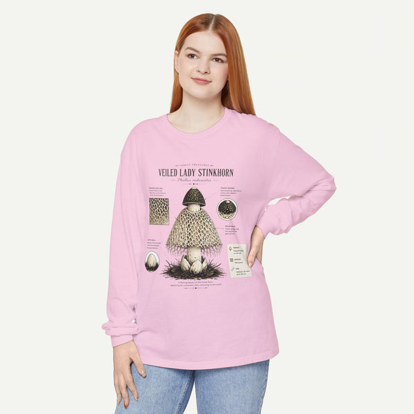 Veiled Lady Stinkhorn Mushroom Long Sleeve Tee — Botanical Fungi Illustration