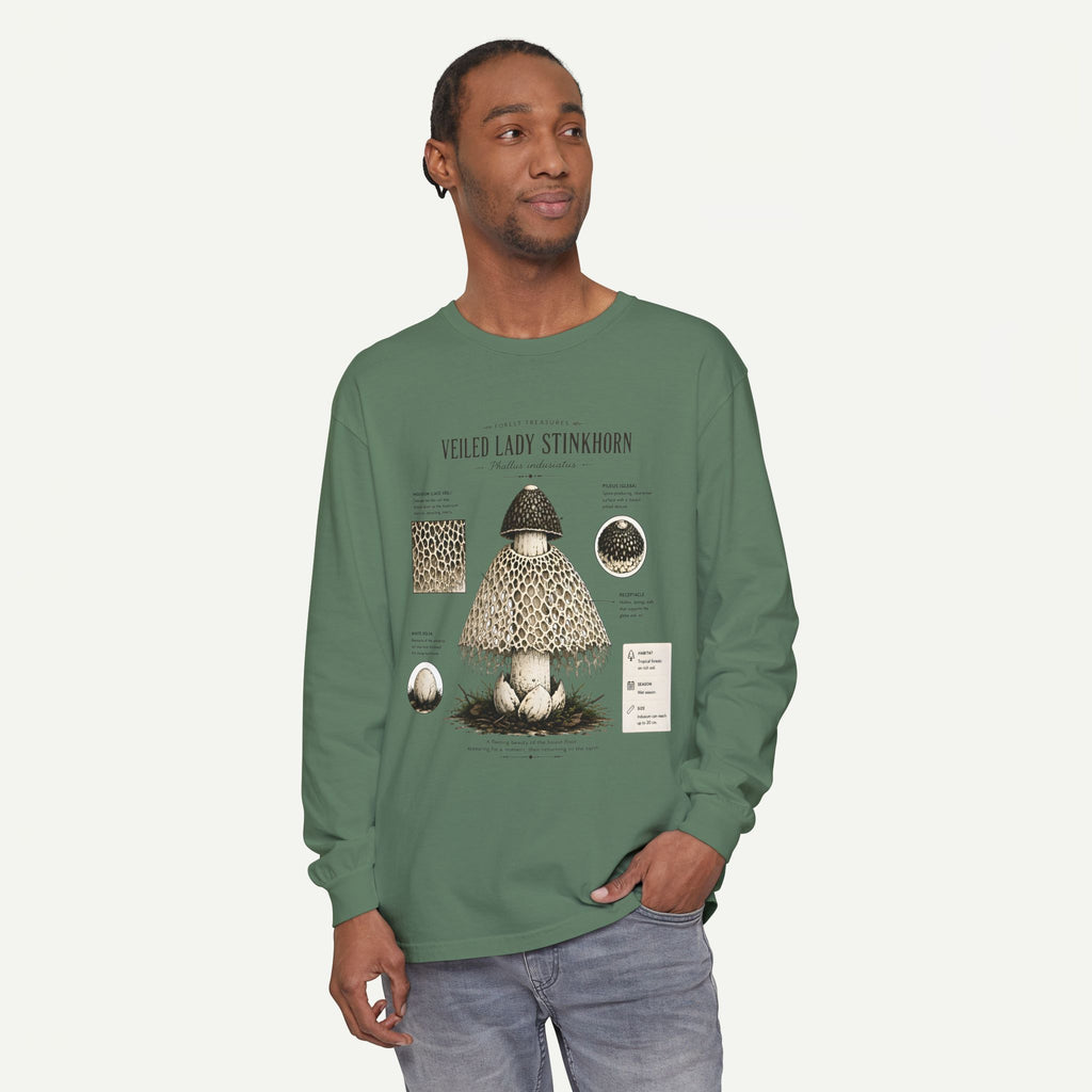 Veiled Lady Stinkhorn Mushroom Long Sleeve Tee — Botanical Fungi Illustration