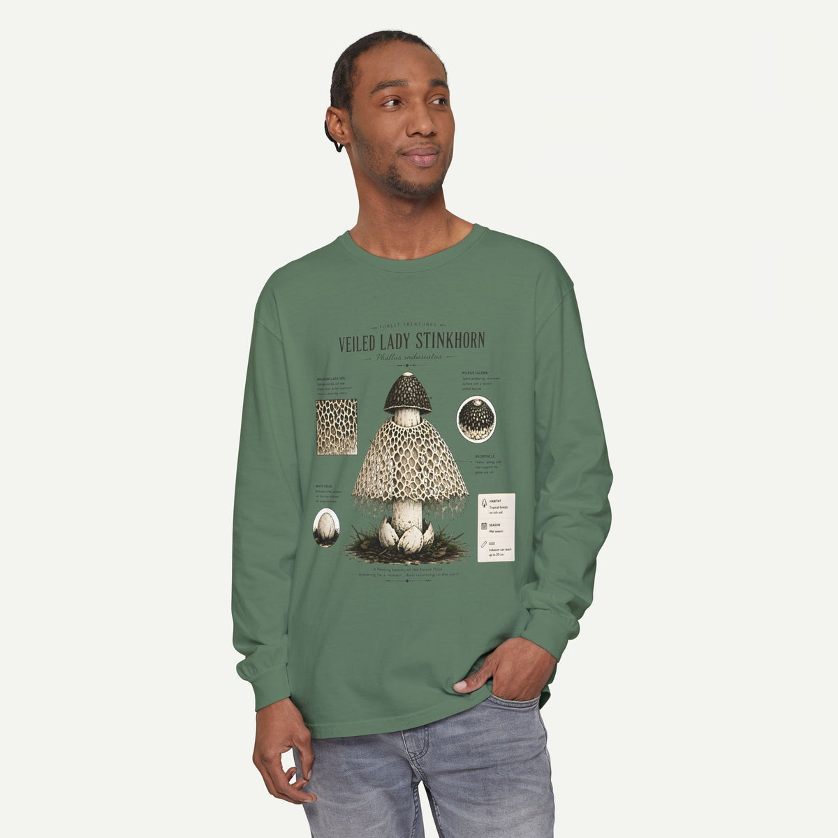 Veiled Lady Stinkhorn Mushroom Long Sleeve Tee — Botanical Fungi Illustration