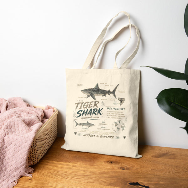 Tiger Shark Canvas Tote Bag – Vintage Marine Illustration, 'Tiger Shark' Educational Design