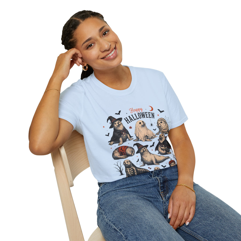 Halloween Seal Crewneck T-Shirt — Happy Halloween Cute Spooky Seal Pals