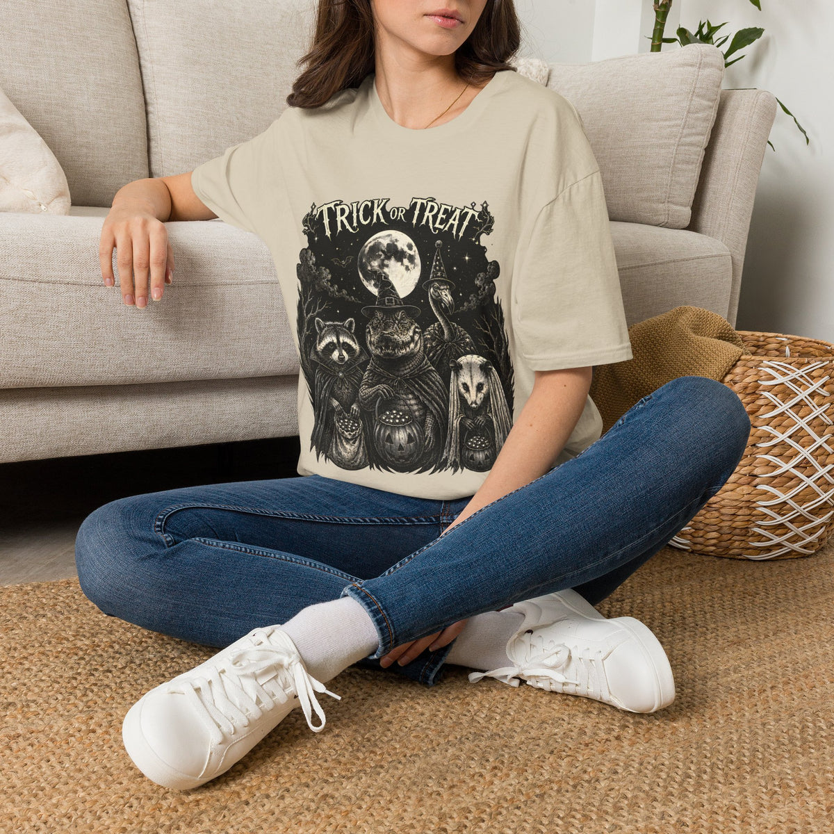 Halloween 'Trick or Treat' T-Shirt — Spooky Moon & Creatures Graphic