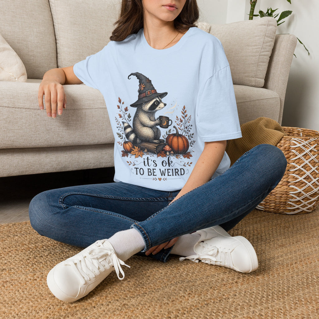 T-Shirt — Cute Raccoon Witch Illustration "It's OK to Be Weird" | Halloween Cozy Fall Graphic Tee