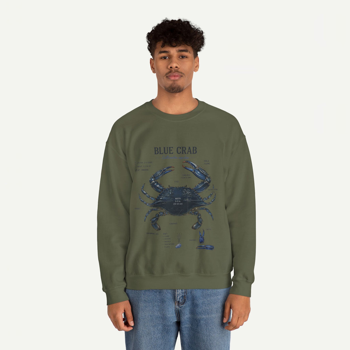 Blue Crab Sweatshirt — Vintage Nautical Marine Illustration
