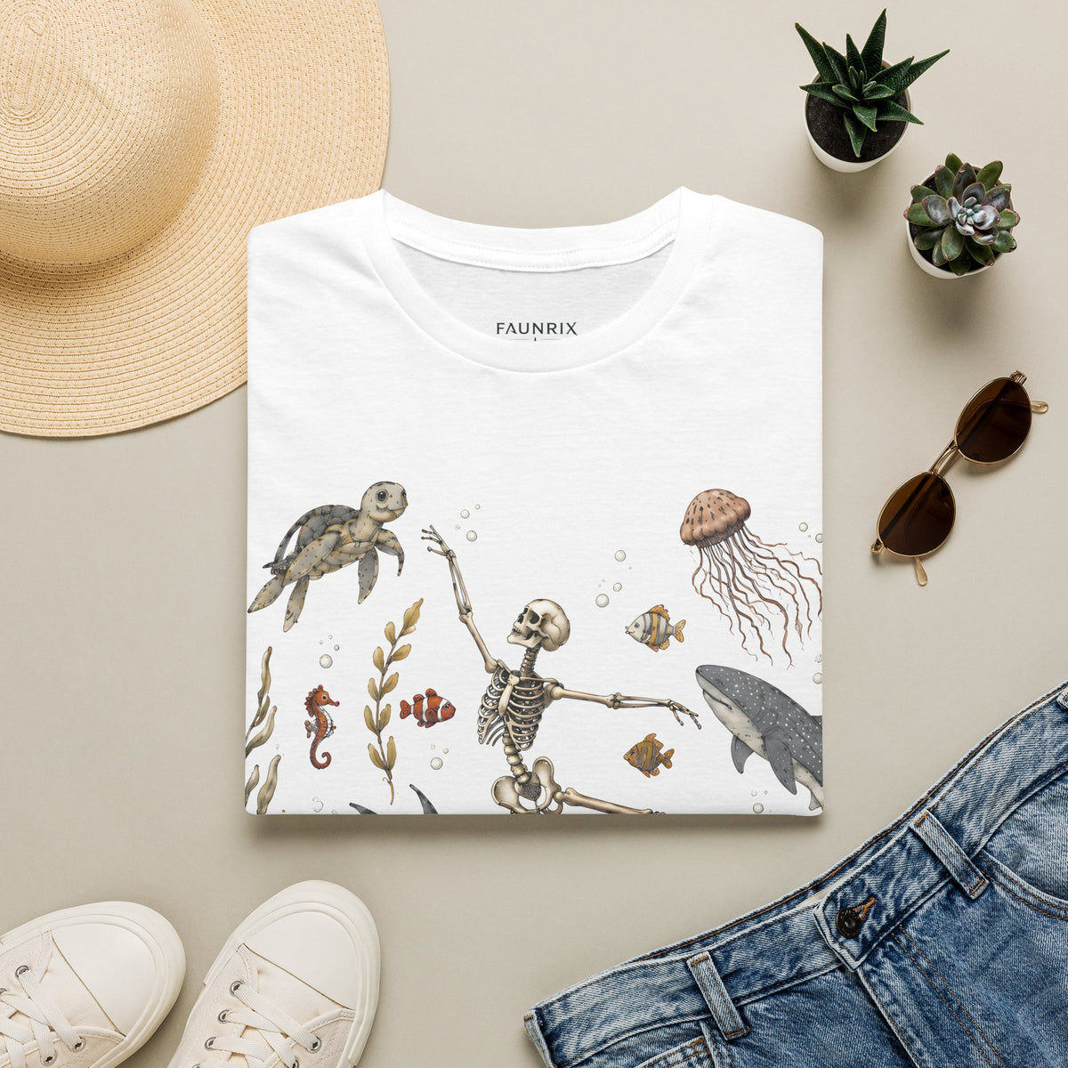 Skeleton & Sea Creatures T-Shirt — Whimsical Underwater Ocean Art Tee