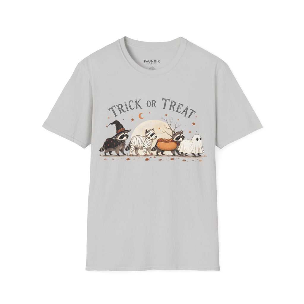 Trick or Treat Halloween T-Shirt — Cute Costume Raccoon, Mummy & Ghost Graphic