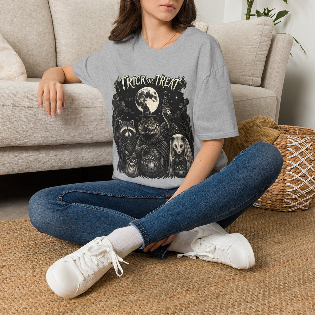 Halloween 'Trick or Treat' T-Shirt — Spooky Moon & Creatures Graphic