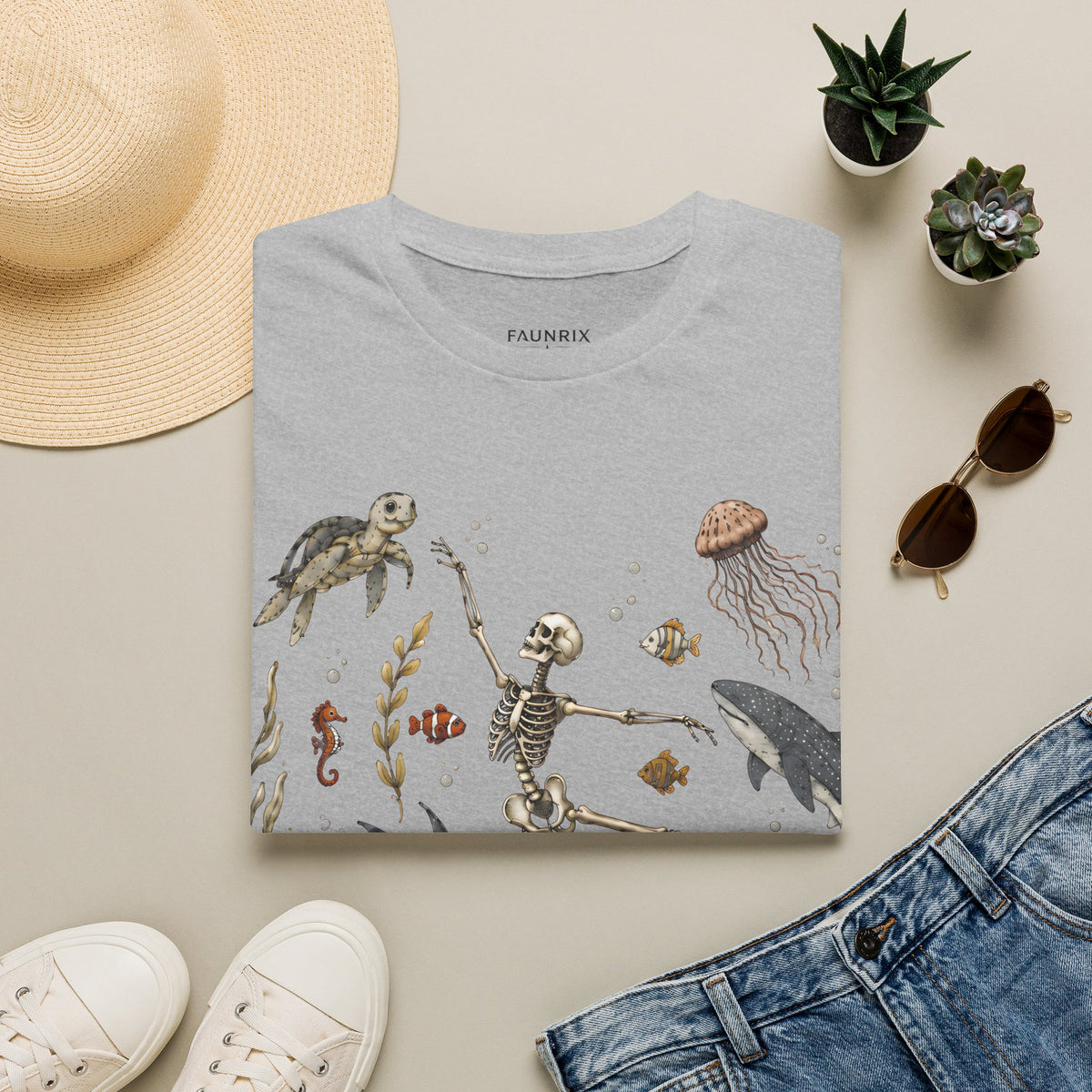 Skeleton & Sea Creatures T-Shirt — Whimsical Underwater Ocean Art Tee