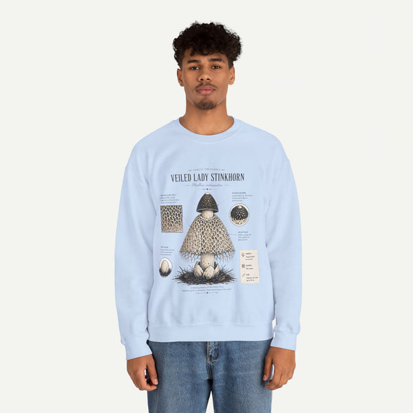 Veiled Lady Stinkhorn Mushroom Crewneck Sweatshirt — Botanical Mycology Graphic