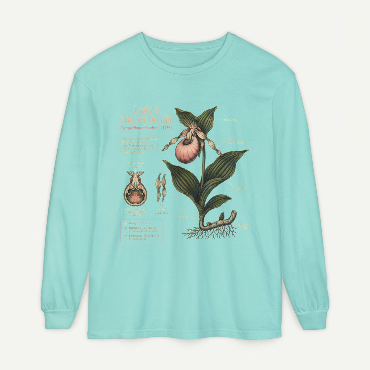 Lady's Slipper Botanical Long Sleeve Tee — Vintage Orchid Illustration Main image