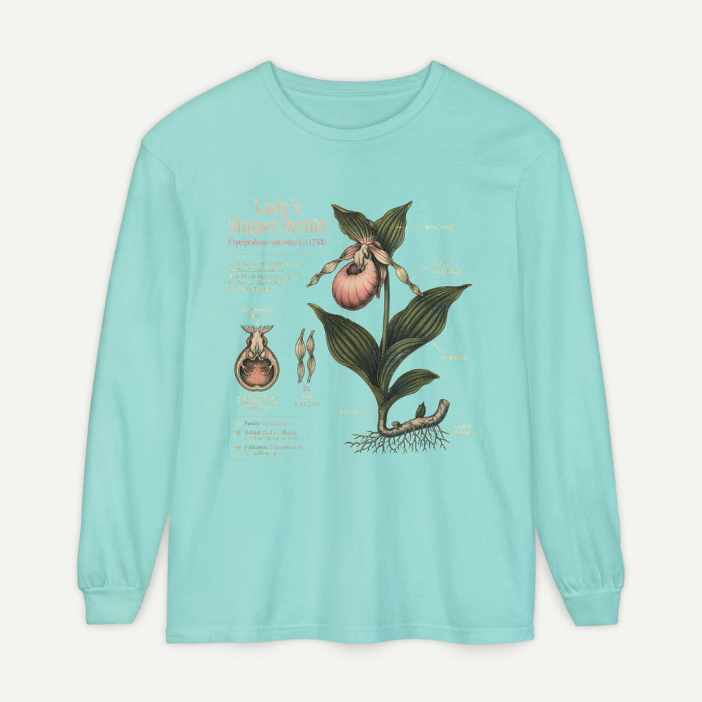 Lady's Slipper Botanical Long Sleeve Tee — Vintage Orchid Illustration