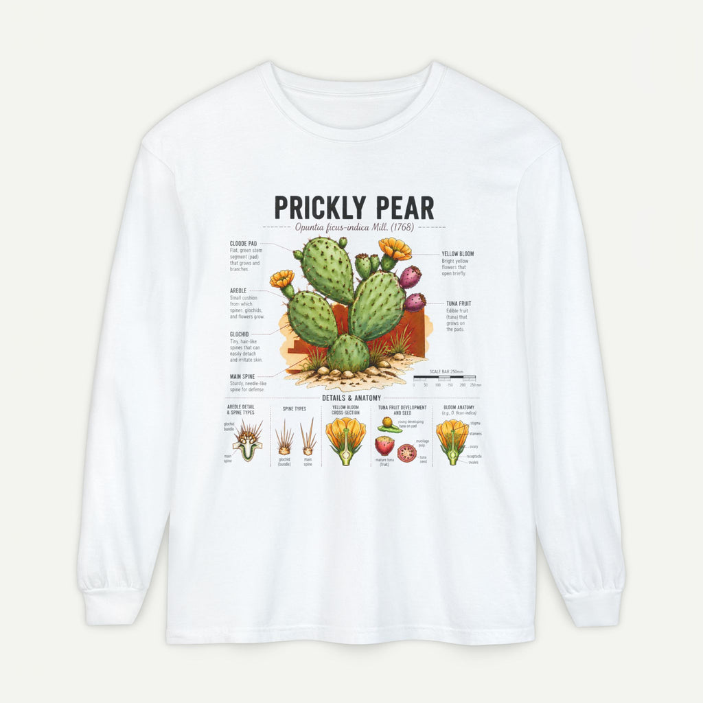 Prickly Pear Botanical Long Sleeve T-Shirt — Cactus Illustration & Plant Facts