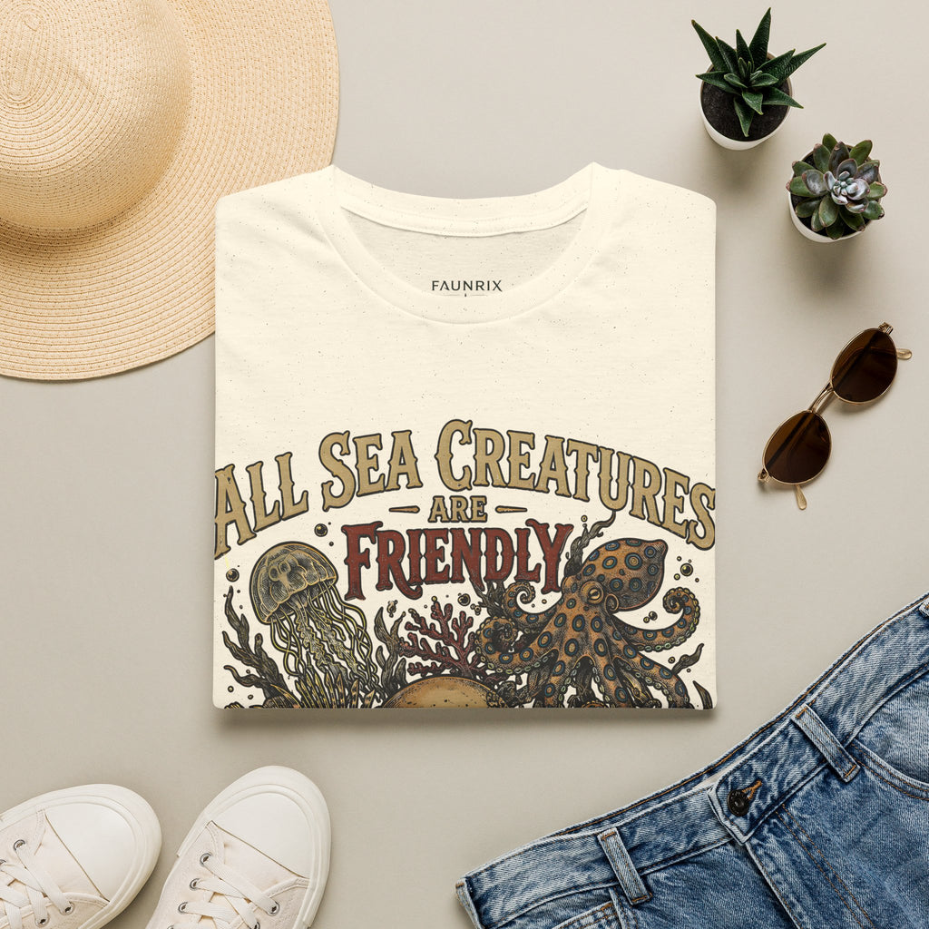 Ocean Creature Graphic T-Shirt — "All Sea Creatures Are Friendly (Some Only Once)" Vintage Skull Octopus Tee
