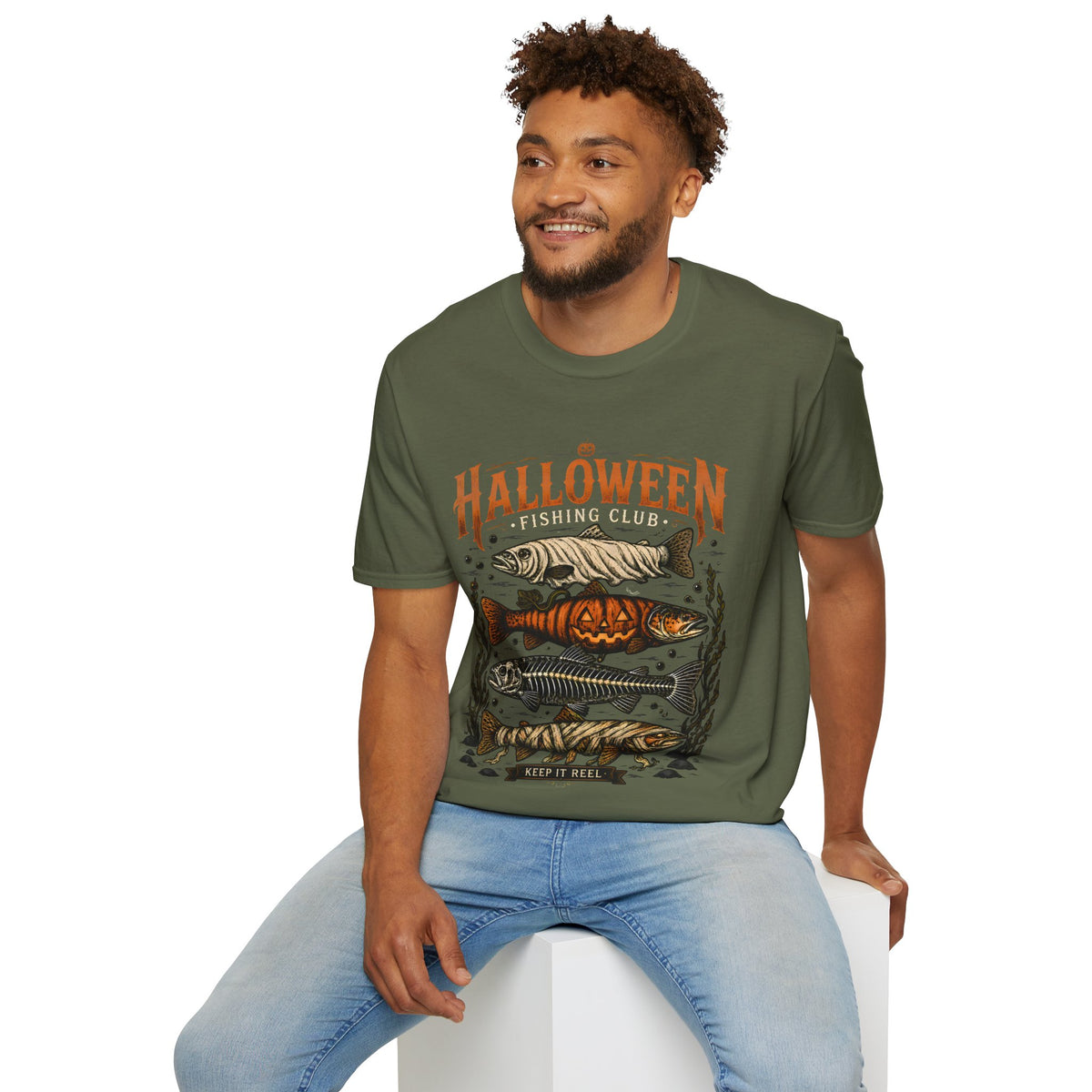 Halloween Trout Graphic T‑Shirt — Spooky Fish Pumpkin Design