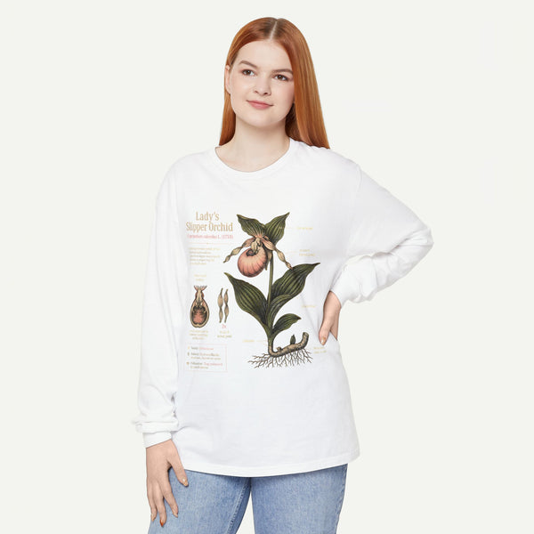 Lady's Slipper Botanical Long Sleeve Tee — Vintage Orchid Illustration