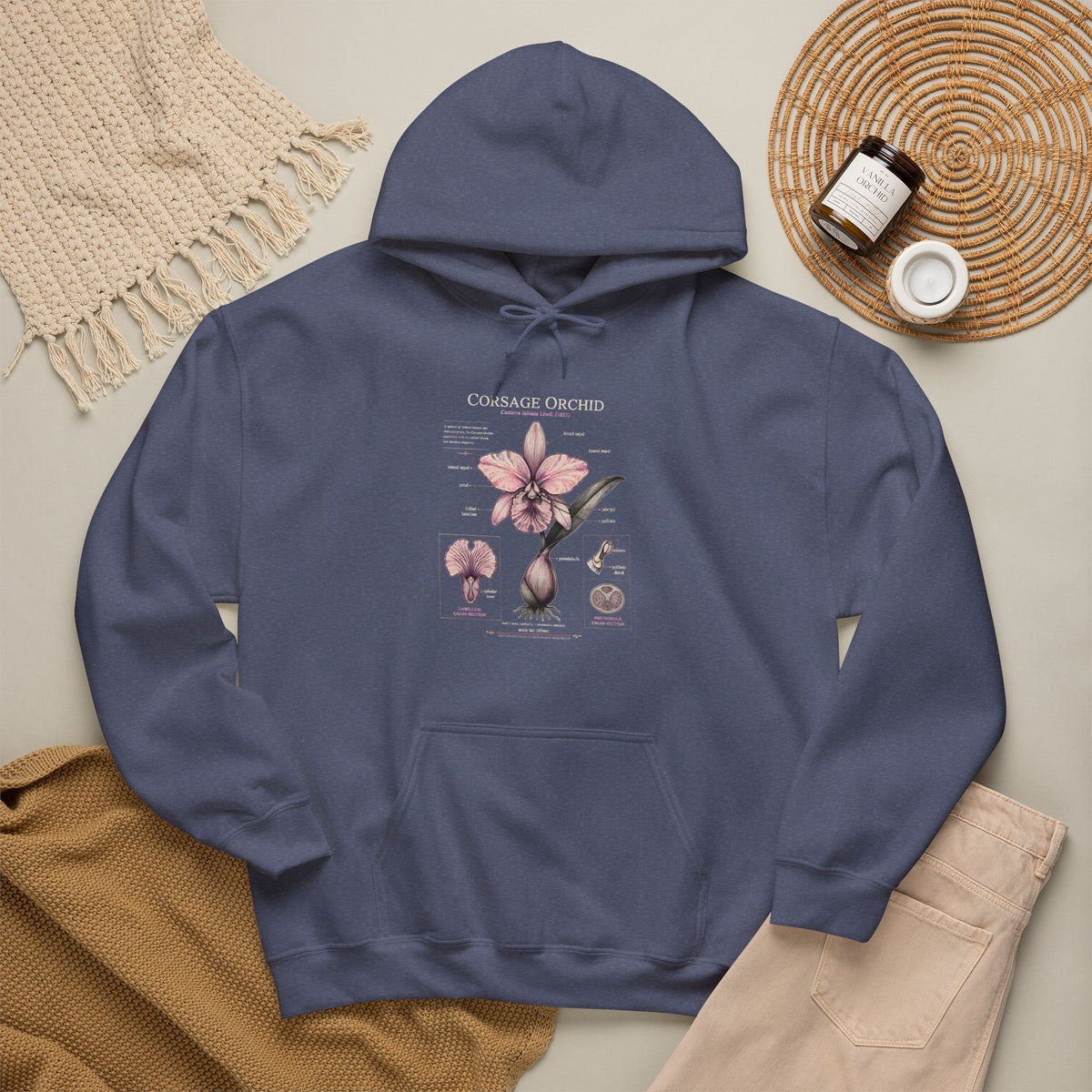 Orchid Botanical Hoodie — Cattleya Orchid Illustration Floral Pullover
