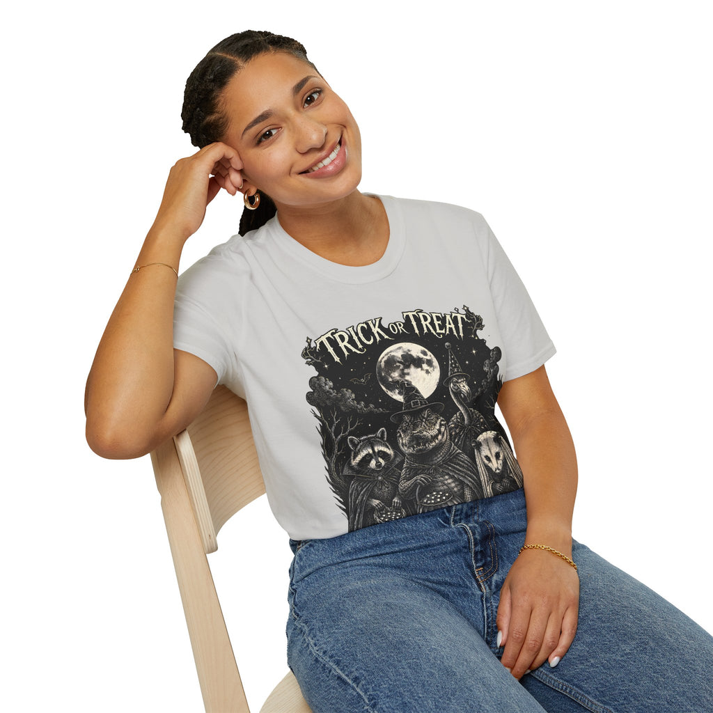 Trick or Treat Halloween T-Shirt — Vintage Moonlit Witch & Spooky Animals Tee