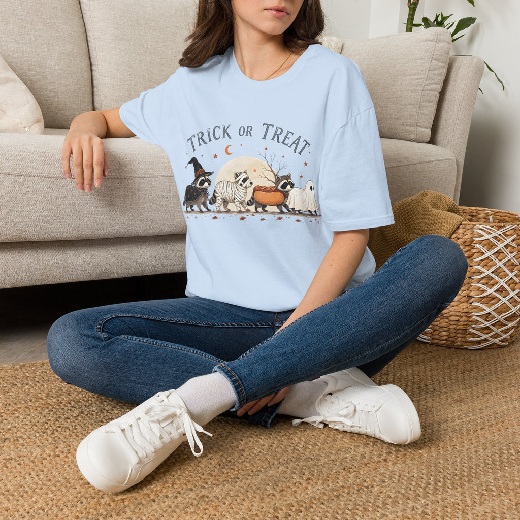Trick or Treat Halloween T-Shirt — Cute Costume Raccoon, Mummy & Ghost Graphic