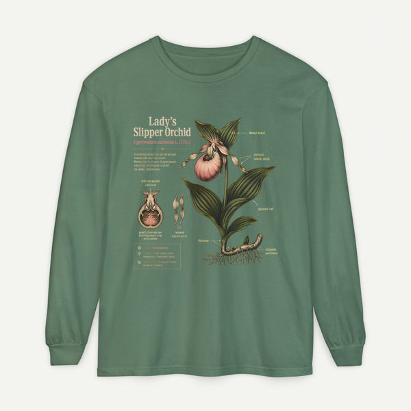 Lady's Slipper Botanical Long Sleeve Tee — Vintage Orchid Illustration