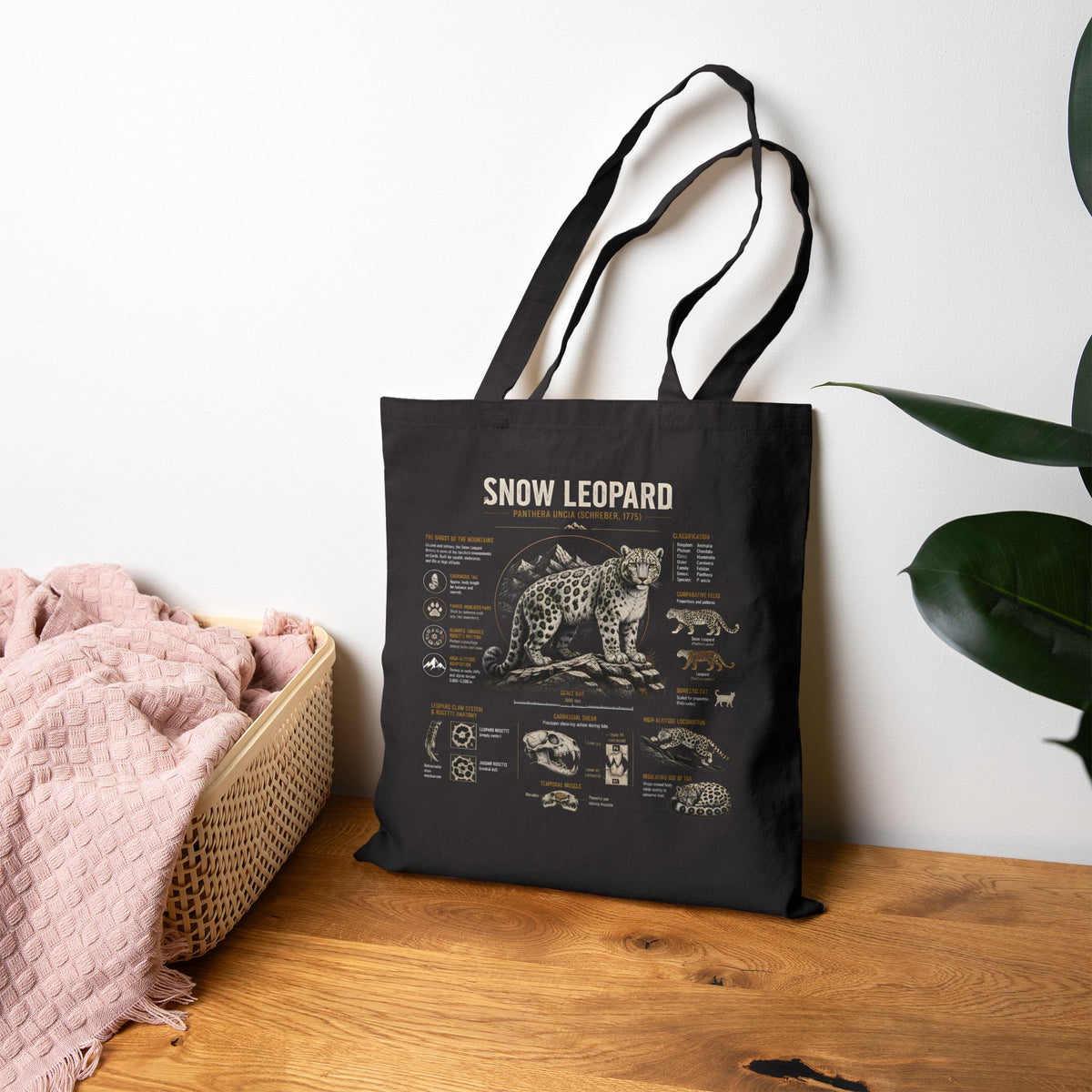 Snow Leopard Anatomy Canvas Tote Bag — Wildlife Illustration & Facts Eco-Friendly Shopper