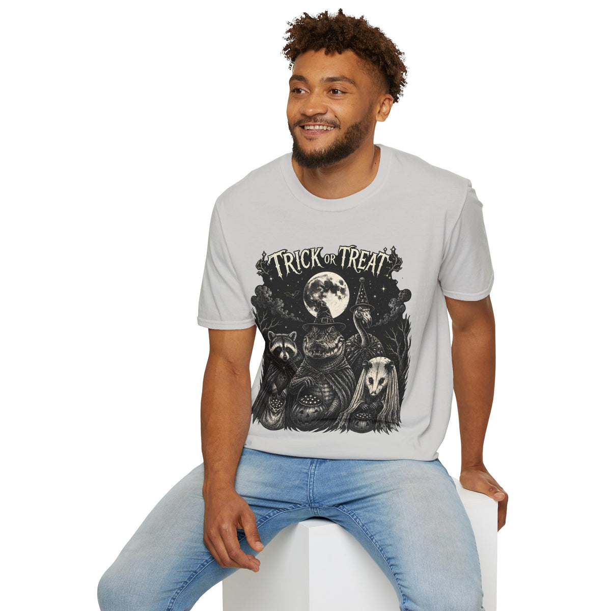 Trick or Treat Halloween T-Shirt — Vintage Moonlit Witch & Spooky Animals Tee