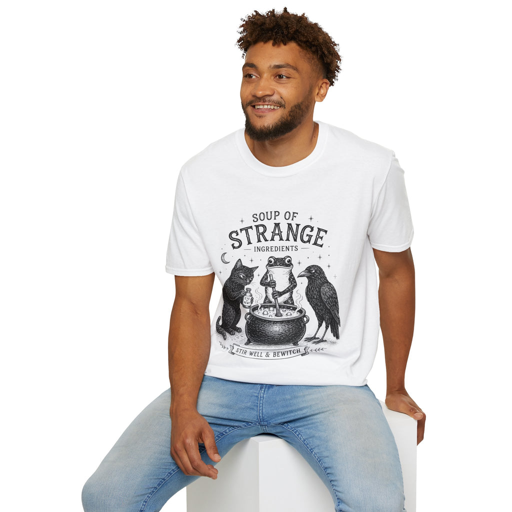 T-Shirt — "Soup of Strange Ingredients" Witchy Frog, Cat & Crow Illustration