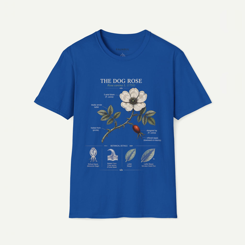Dog Rose Floral T-Shirt — Botanical Illustration Tee with 'The Dog Rose' Label