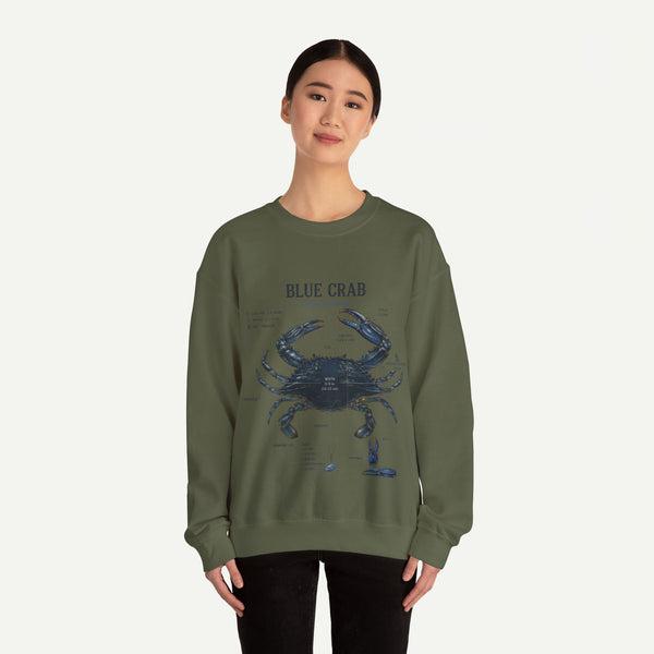 Blue Crab Sweatshirt — Vintage Nautical Marine Illustration