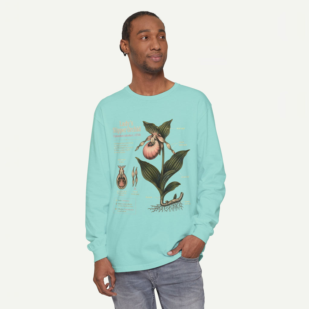 Lady's Slipper Botanical Long Sleeve Tee — Vintage Orchid Illustration