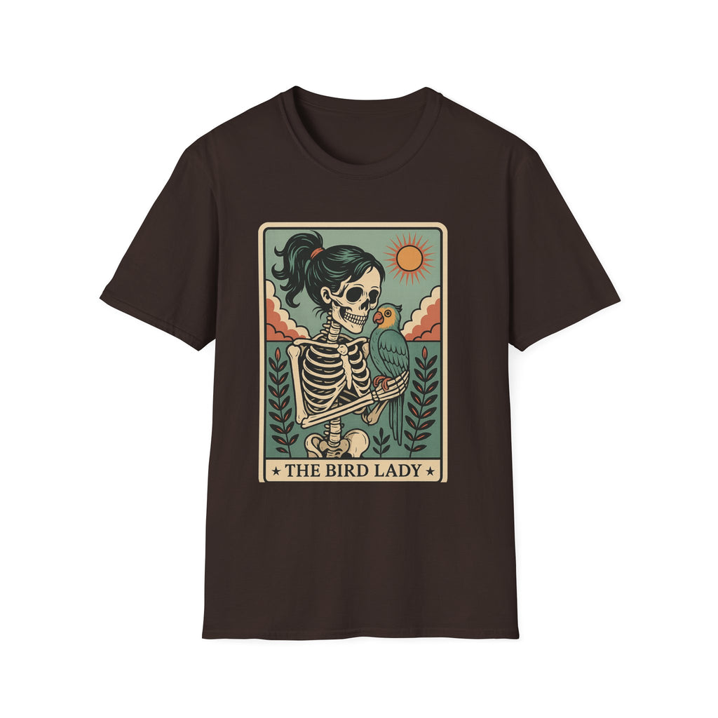 The Bird Lady T-Shirt — Retro Skeleton Woman with Parrot Graphic