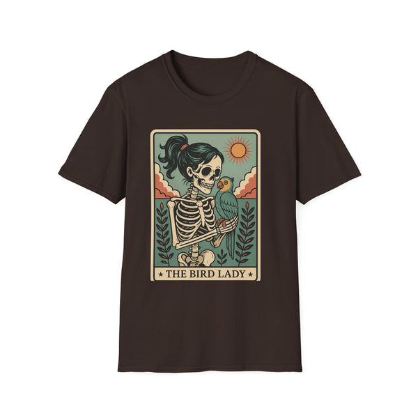 The Bird Lady T-Shirt — Retro Skeleton Woman with Parrot Graphic